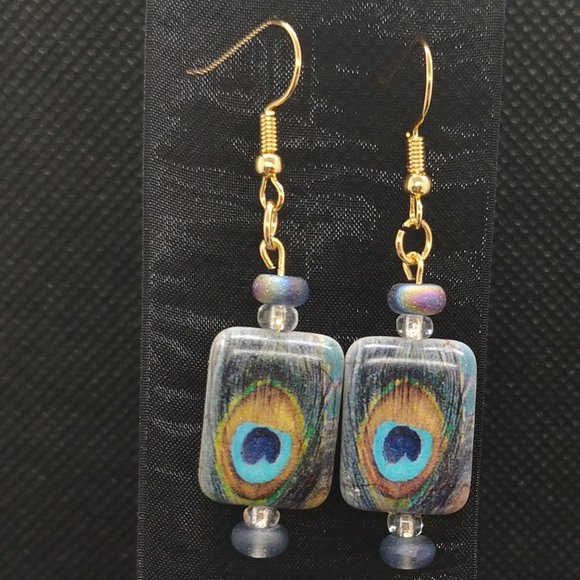 NEW - 18K Gold Plated Hardware with Peacock Stone - Handmade Earrings - Picture 1 of 5